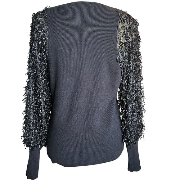 Siani Milano Black Knit Top Sz M Scoop Neck Embellished Net Sleeves Knit Cuffs - Picture 3 of 7